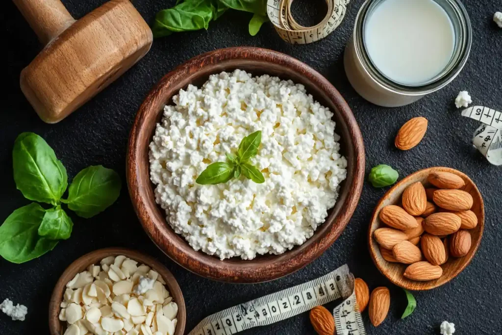 A bowl of fresh cottage cheese surrounded by a dumbbell