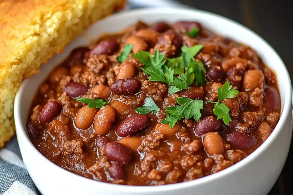 A bowl of thickened calico beans garnished with parsley, served with a slice of golden cornbread on the side