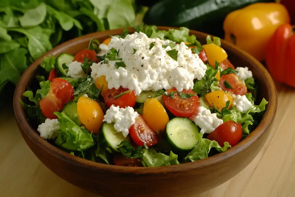 A colorful vegetable salad topped with a scoop of cottage cheese, featuring mixed greens, cherry tomatoes, cucumbers, and bell peppers, garnished with fresh herbs