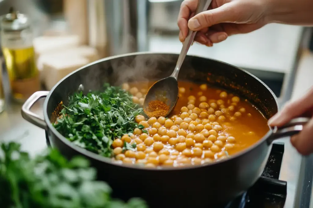 A cook seasoning a pot of soup with chickpeas, highlighting the adaptation process