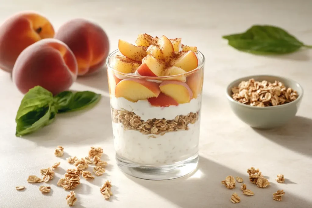 A parfait glass layered with cottage cheese, diced peaches, granola, and a sprinkle of cinnamon, surrounded by fresh peaches and granola.