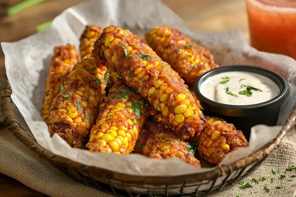 A plate of Wingstop fried corn served in a rustic basket with fresh herb garnish, accompanied by a small bowl of dipping sauce and a casual dining setup in the background.