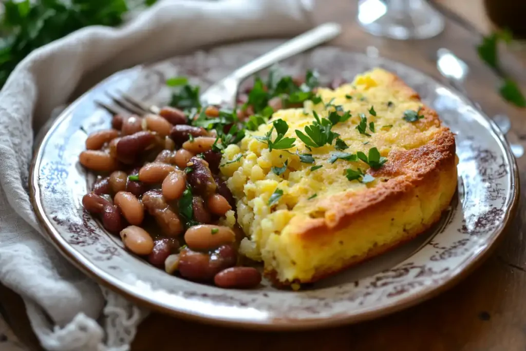 A plate of calico beans garnished with parsley, served alongside a slice of golden cornbread on a rustic table setting.