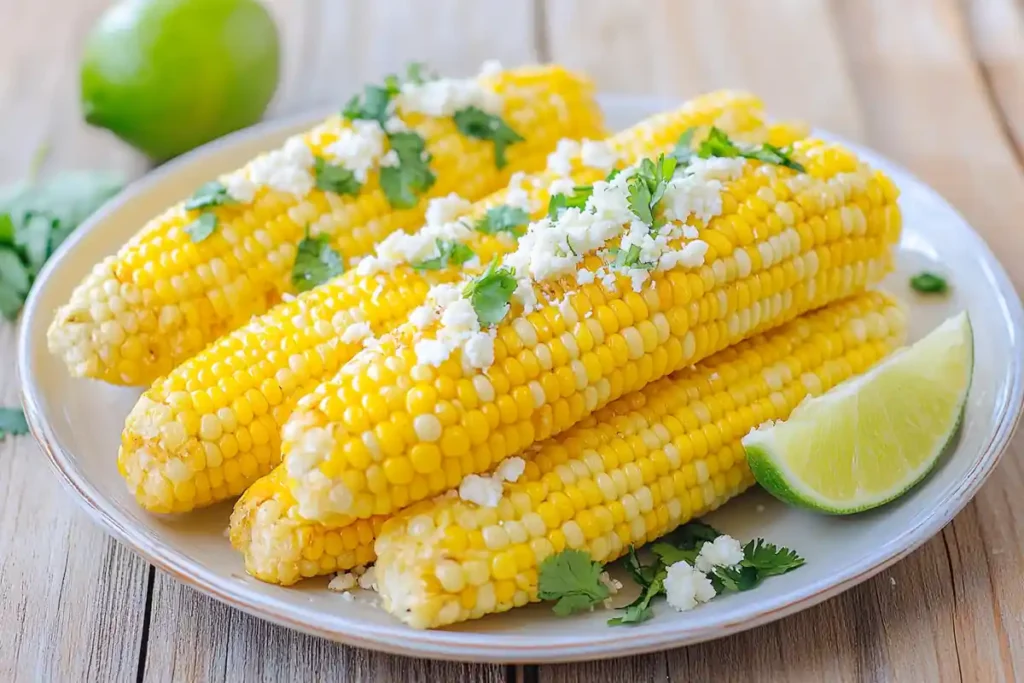 A plate of roasted corn drizzled with butter, garnished with fresh herbs, crumbled cotija cheese, and a lime wedge on the side.