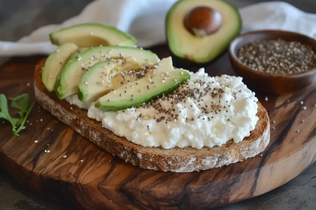 A slice of whole-grain toast topped with cottage cheese, avocado slices, and everything bagel seasoning on a rustic wooden board.