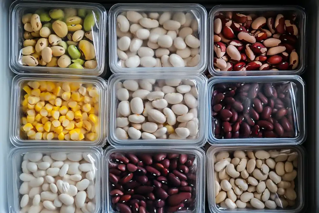 A freezer drawer filled with individual portion-sized containers and freezer bags of calico beans. Each container is clearly labeled with dates, demonstrating proper storage to avoid freezer burn.