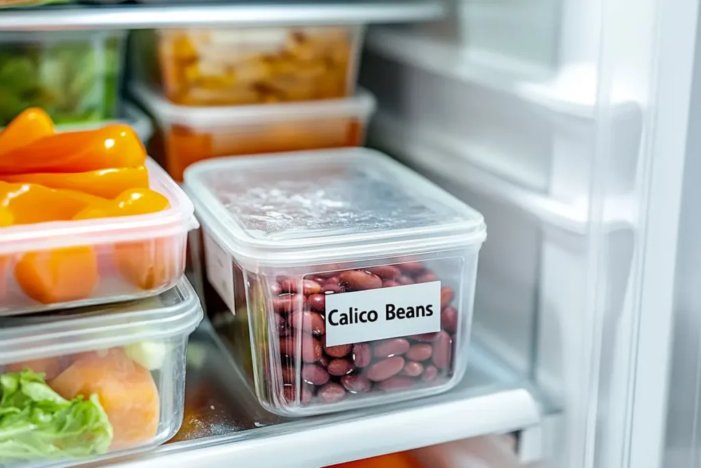 A close-up view of cooked calico beans in a clear bowl showing signs of spoilage, including visible mold, discoloration, and a slimy texture. The background features a kitchen counter with a thermometer and utensils.