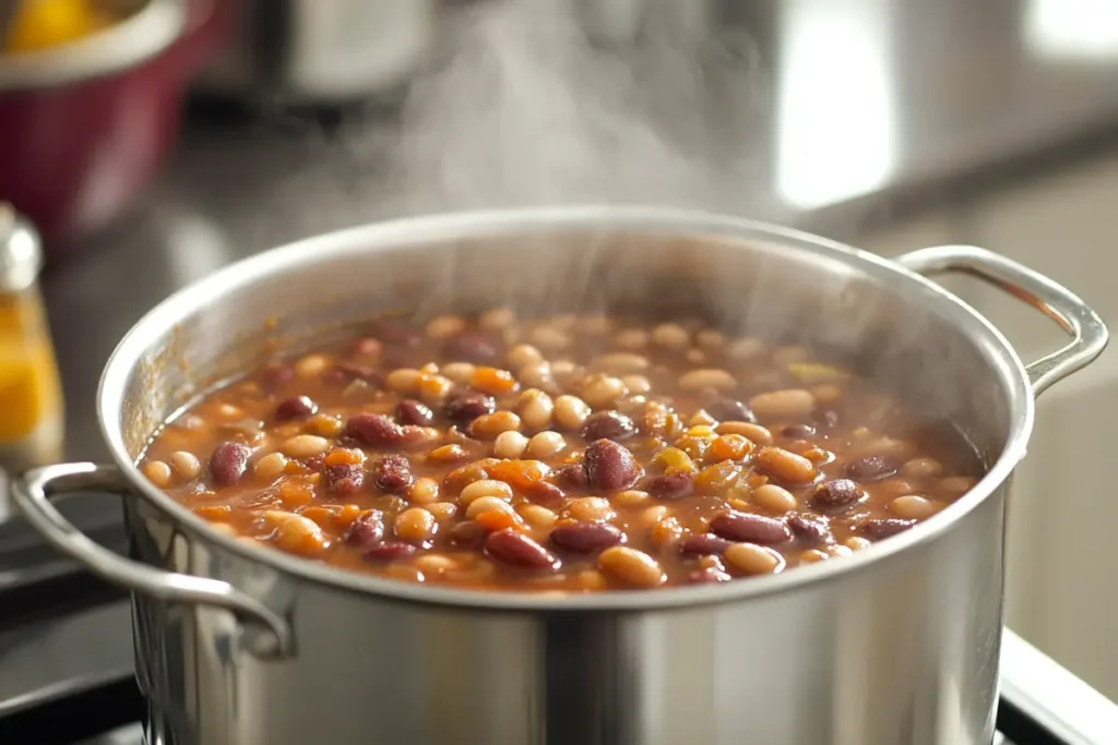 A pot of calico beans simmering uncovered on the stove, with steam rising as the liquid reduces.