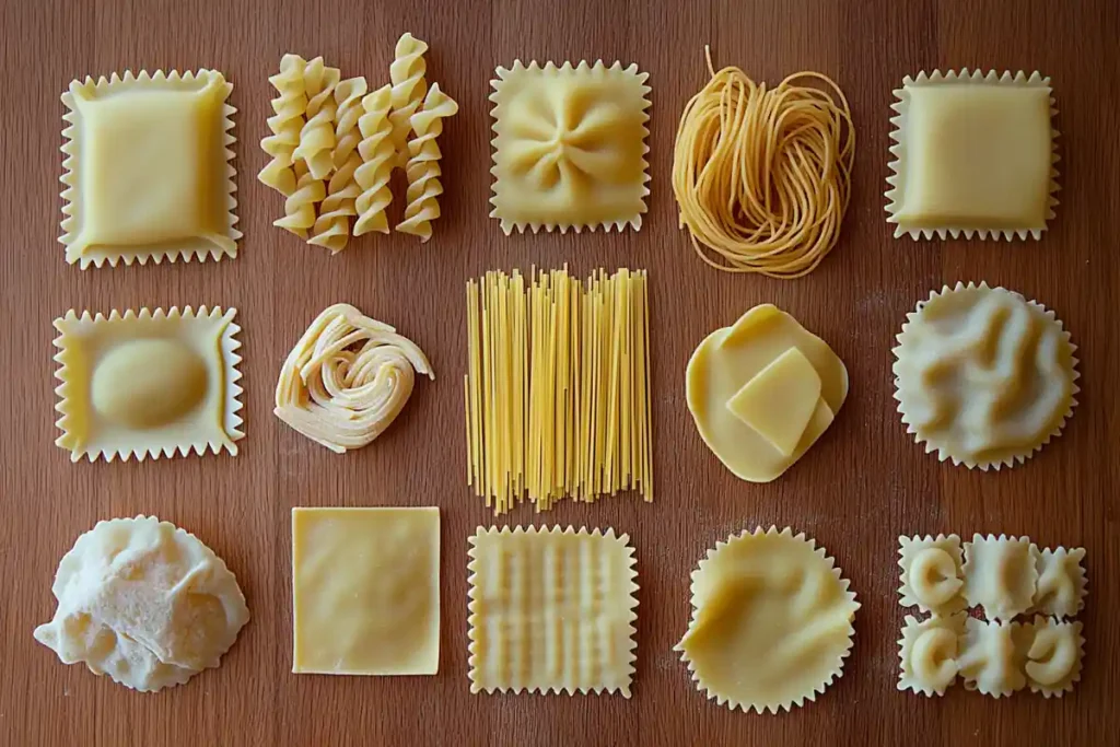 Assorted pasta shapes like spaghetti, penne, and ravioli, illustrating the variety of pasta types for different recipes