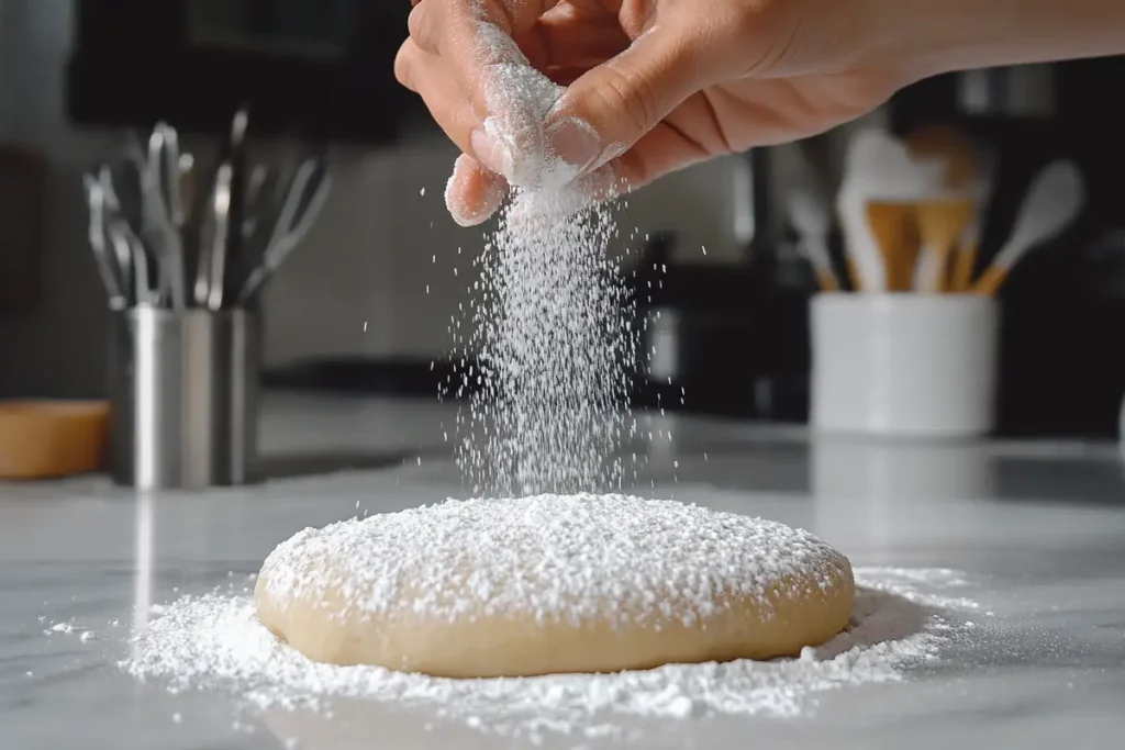 Baker sprinkling sugar over proofing yeast with baking tools nearby