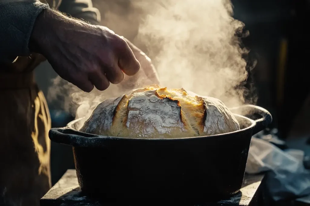 Baker using a Dutch oven to bake crusty bread