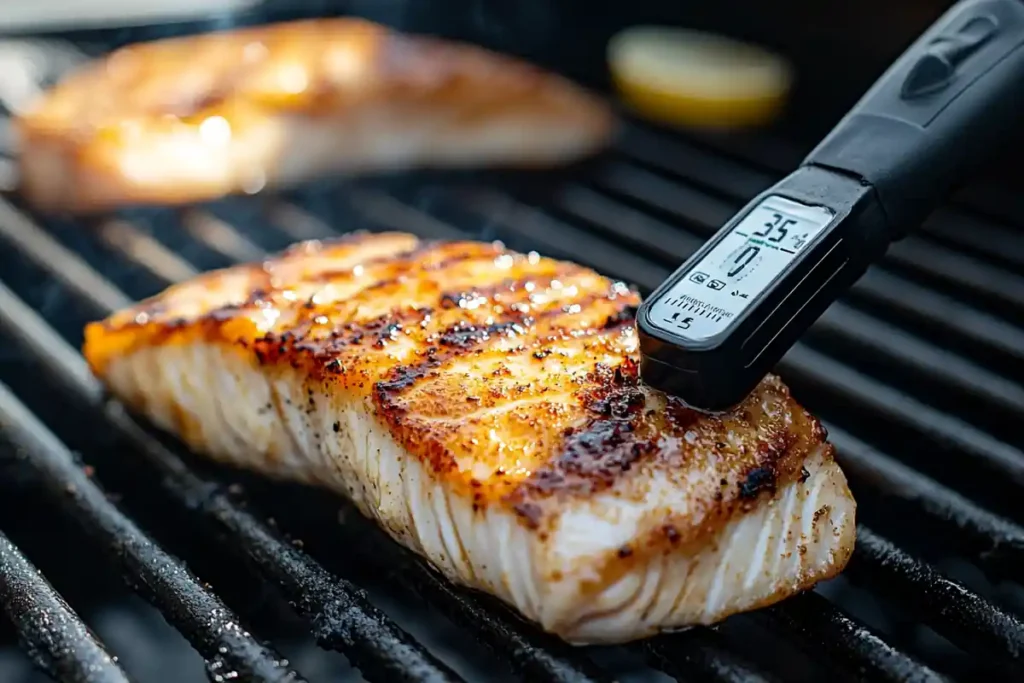 Cooking thermometer measuring the temperature of a wahoo fillet