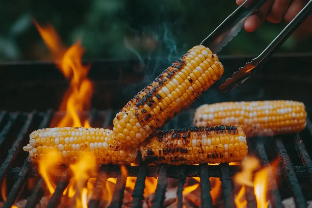 Corn on the cob grilling over an open flame with light char marks, surrounded by a summer barbecue setup