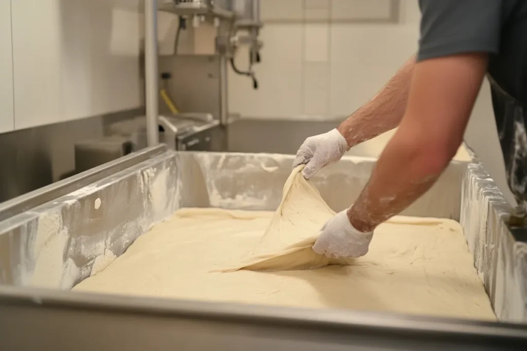 Dough in bulk fermentation with a baker folding it.