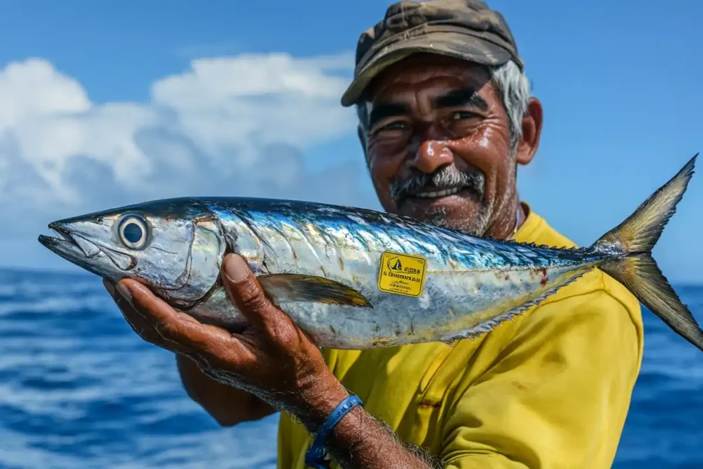 Fisherman with a wahoo and a sustainability certification badge