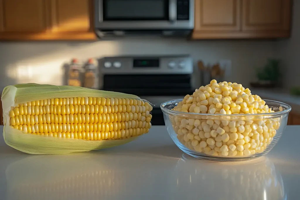 Fresh corn on the cob in its husk next to a bowl of frozen corn kernels, displayed on a kitchen counter to highlight ingredient options for Wingstop fried corn