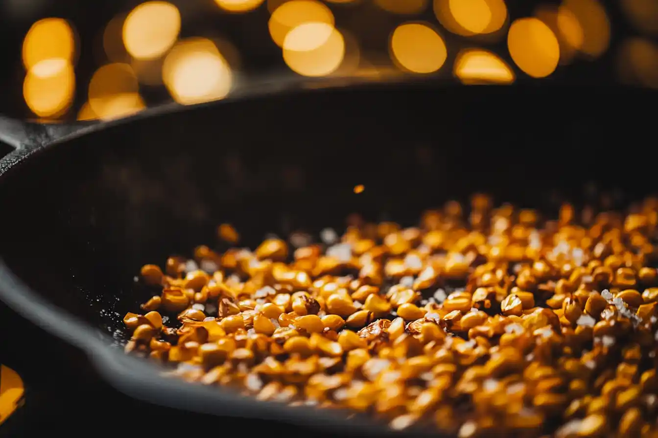 Naturally prepared fried corn in a skillet, golden and ready to serve.