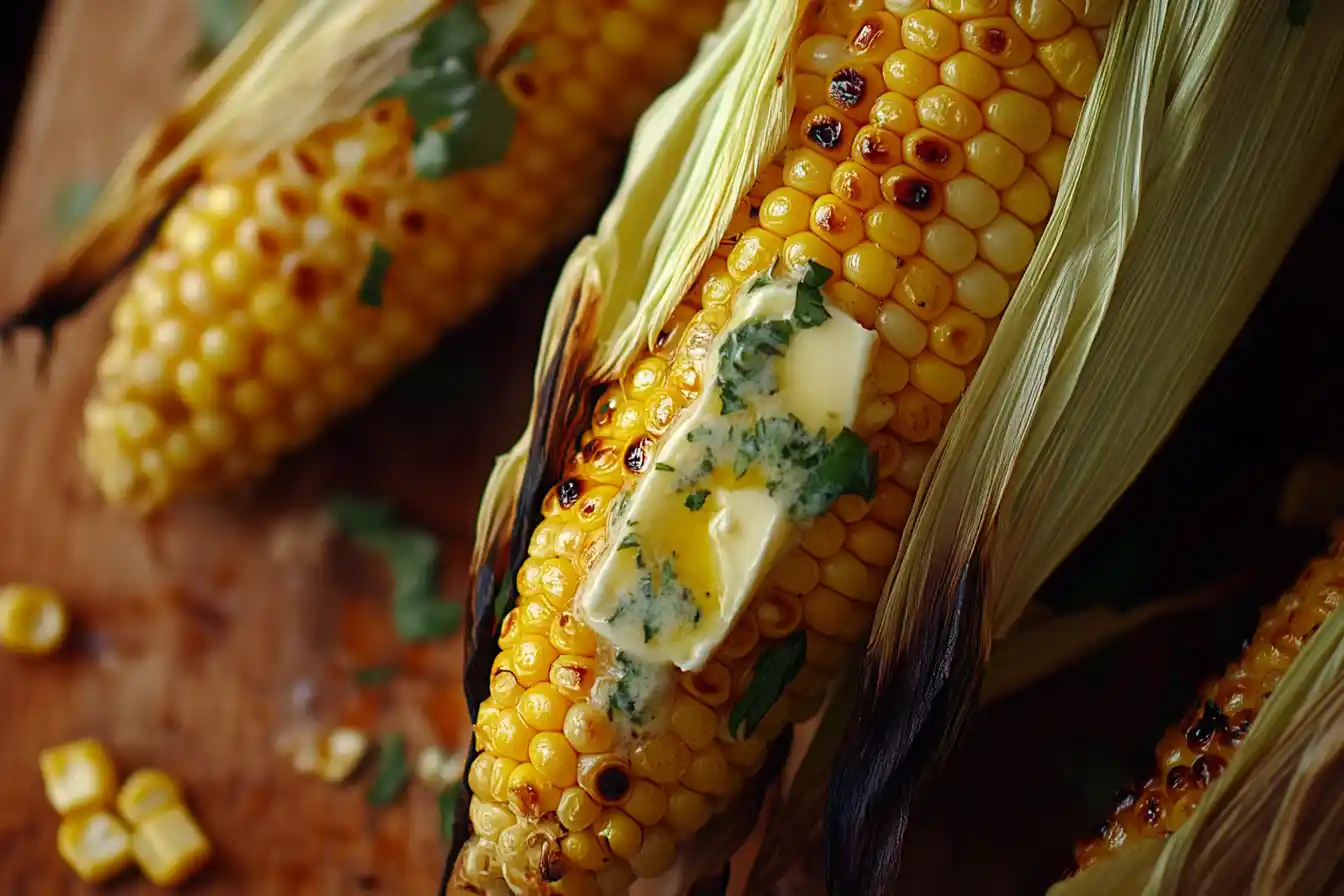 What makes corn taste better – grilled corn with butter and herbs.