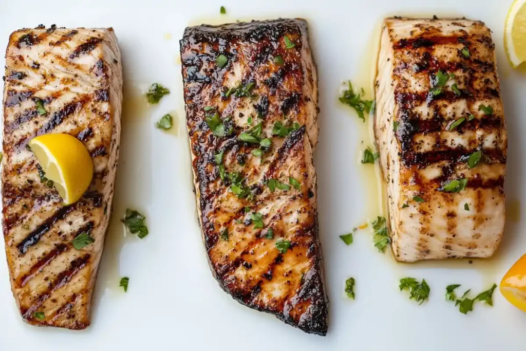 Grilled, baked, and pan-seared wahoo fillets displayed side by side