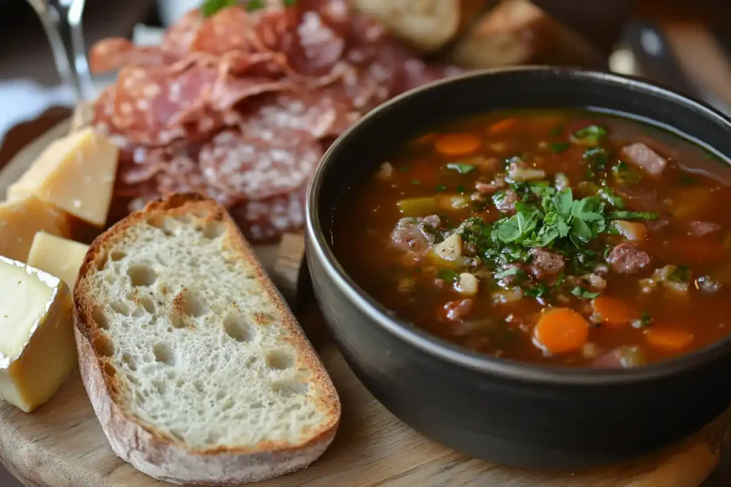 Hard bread served with soup, cheese, and cured meats