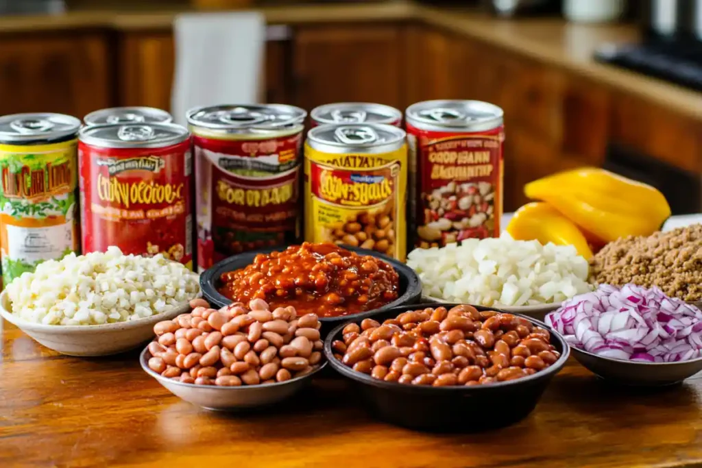 Ingredients for calico beans neatly arranged on a wooden countertop, including various beans, cooked meat, and seasonings.