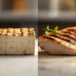 Tofu and meat side by side, comparing nutrients.