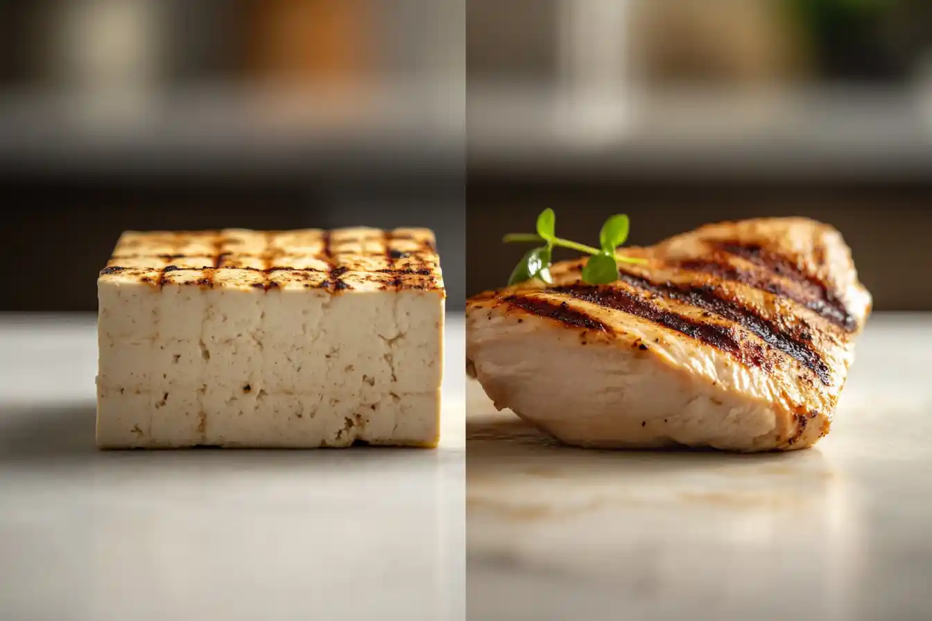 Tofu and meat side by side, comparing nutrients.