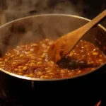 A close-up of how to thicken up calico beans, showing the rich and thick sauce.