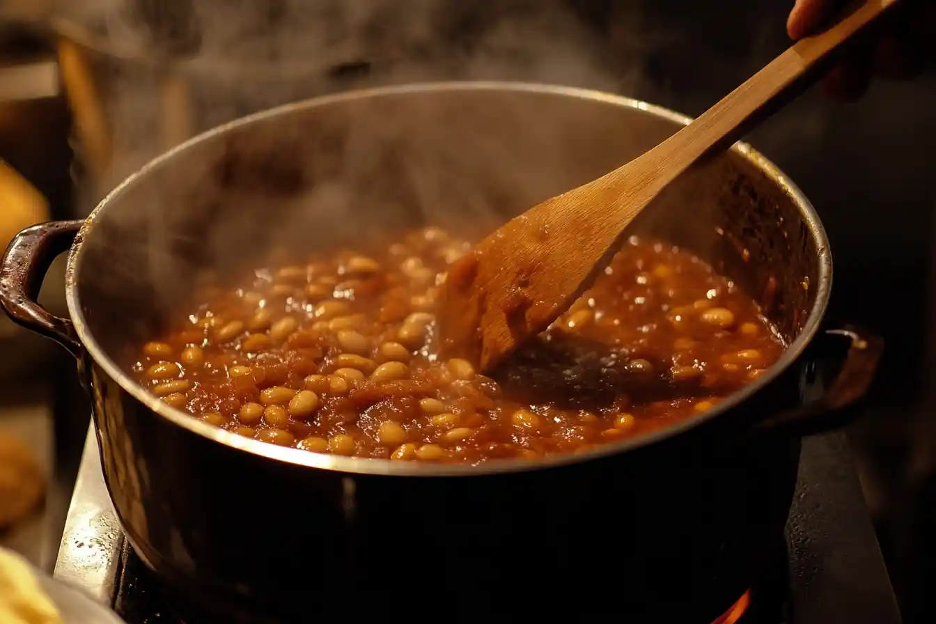 A close-up of how to thicken up calico beans, showing the rich and thick sauce.