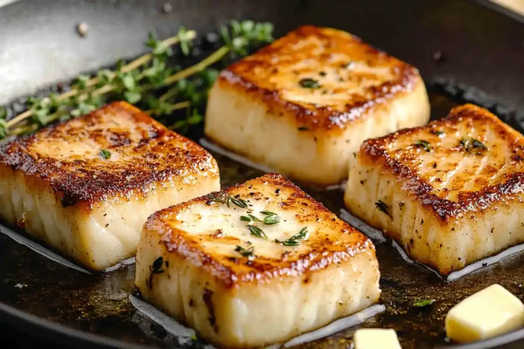 Seared wahoo fillets sizzling in a pan with butter and thyme