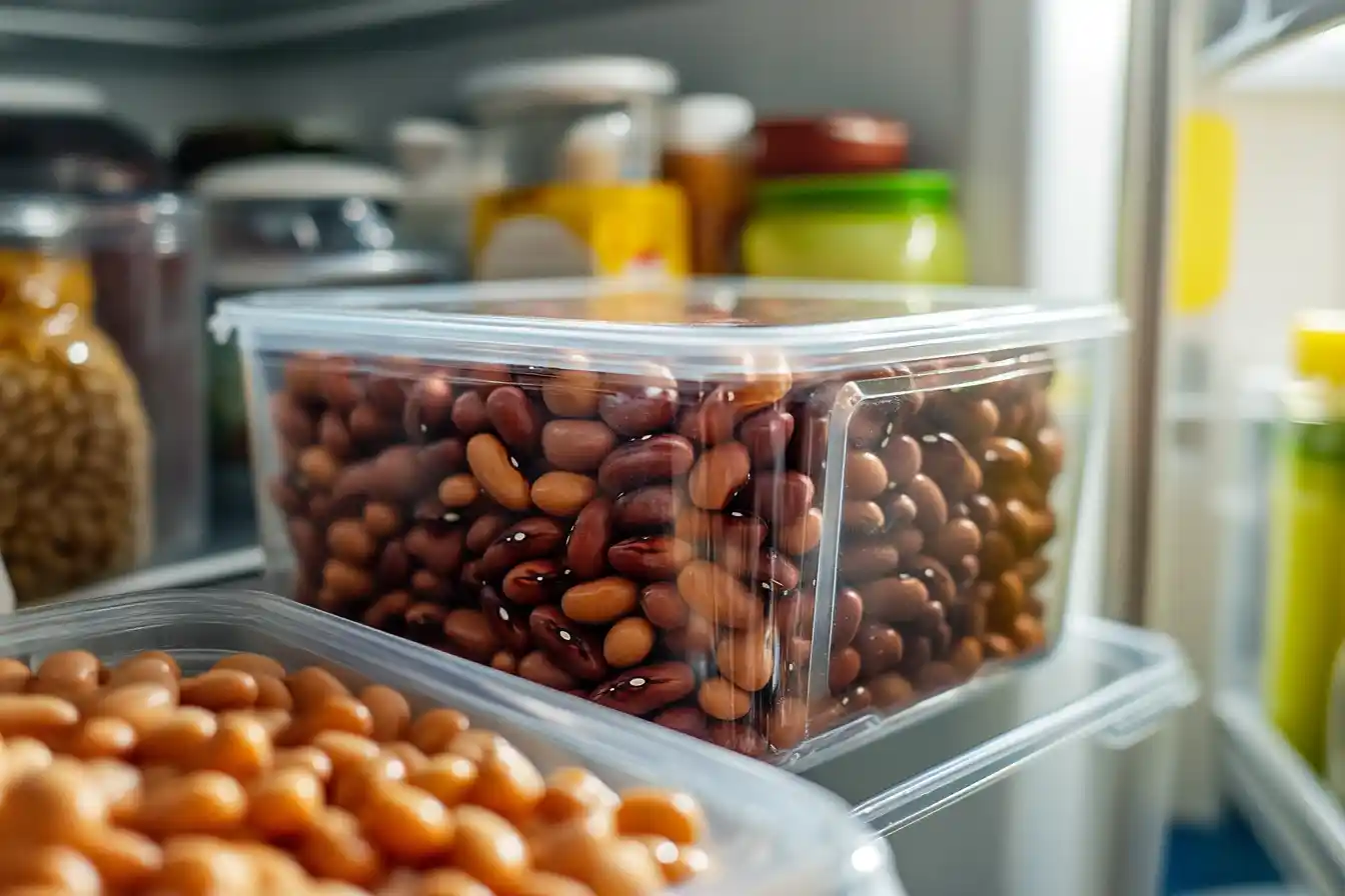 Calico beans stored in the fridge, illustrating how long do calico beans last in the fridge.