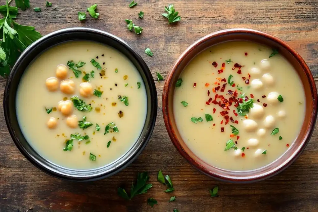 Two bowls of soup comparing the use of chickpeas and white beans, highlighting differences in flavor and presentation