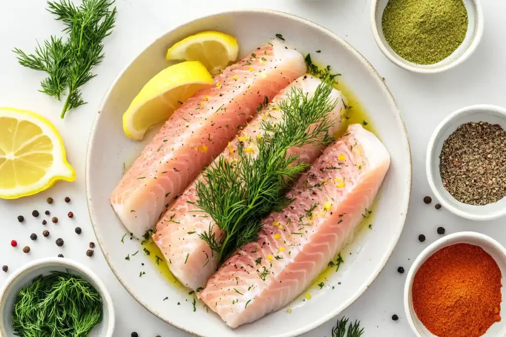 Wahoo fillet with dill, lemon zest, and spices