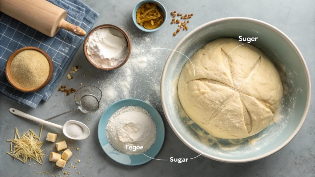 Close-up of dough showing does sugar cause yeast to rise?