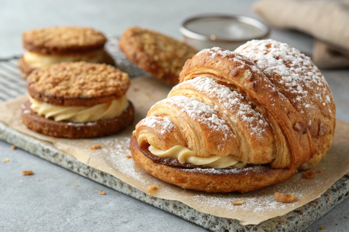 Golden-brown croissant dusted with powdered sugar, filled with creamy frosting, surrounded by cookie sandwiches on a parchment-lined tray.