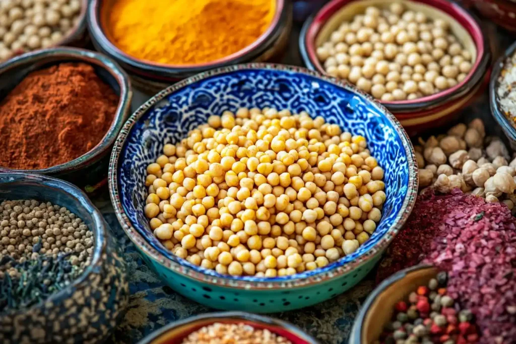 A bowl with both chickpeas and garbanzo beans.