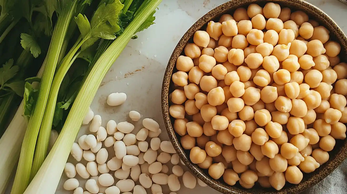 A side-by-side view of chickpeas and white beans.