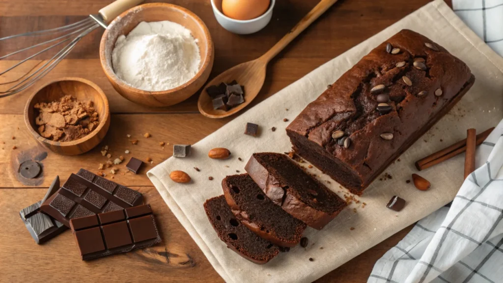 Freshly baked chocolate bread recipe loaf on a cutting board.