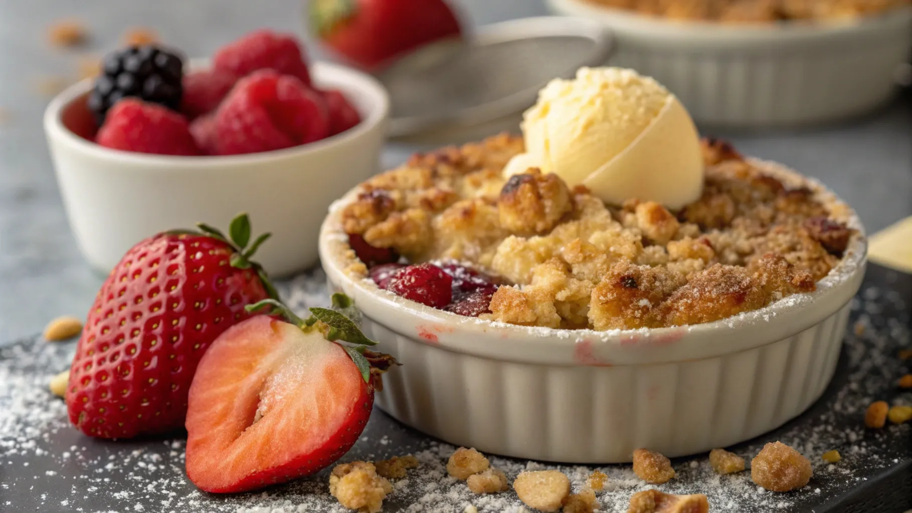 Close-up of a golden brown crumble topping with fresh fruit