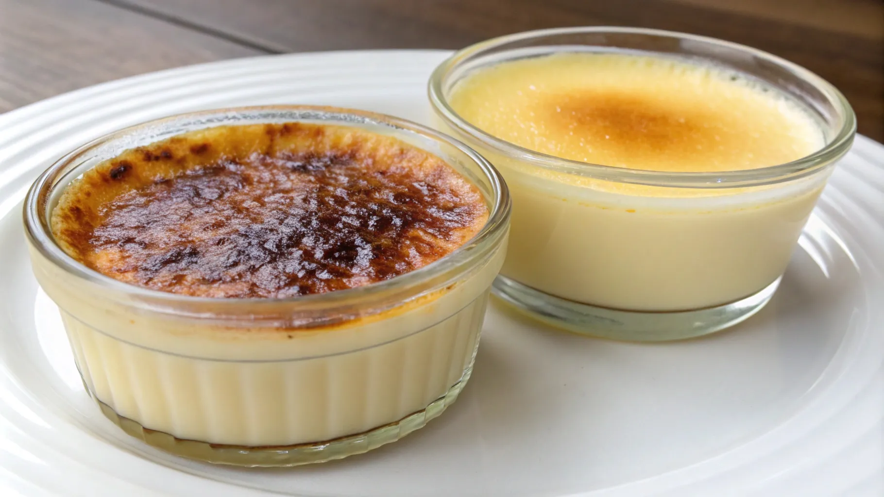 Crème brûlée and custard side by side showing differences in texture and presentation