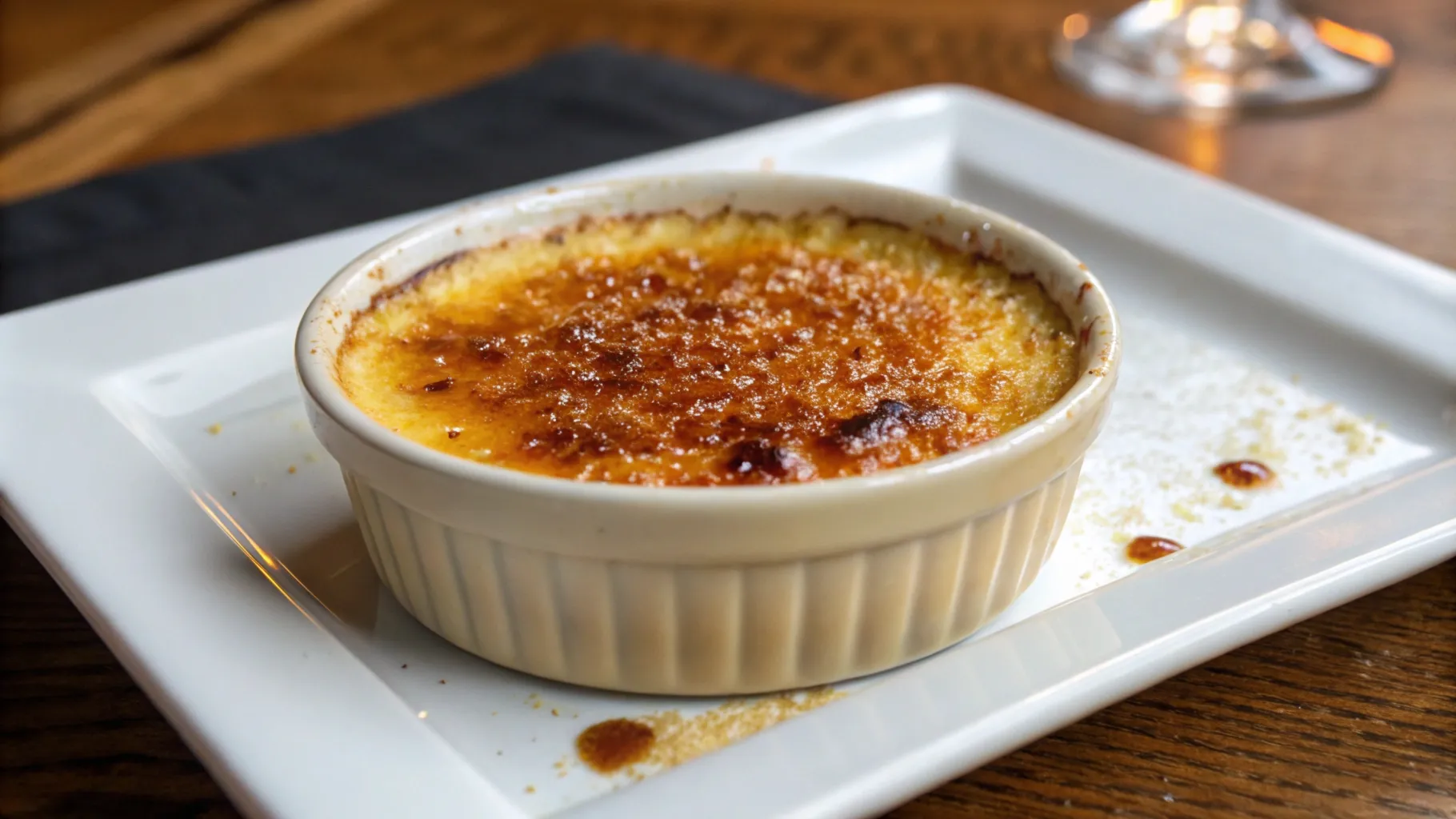 Crab brulee served in a ramekin with caramelized sugar topping