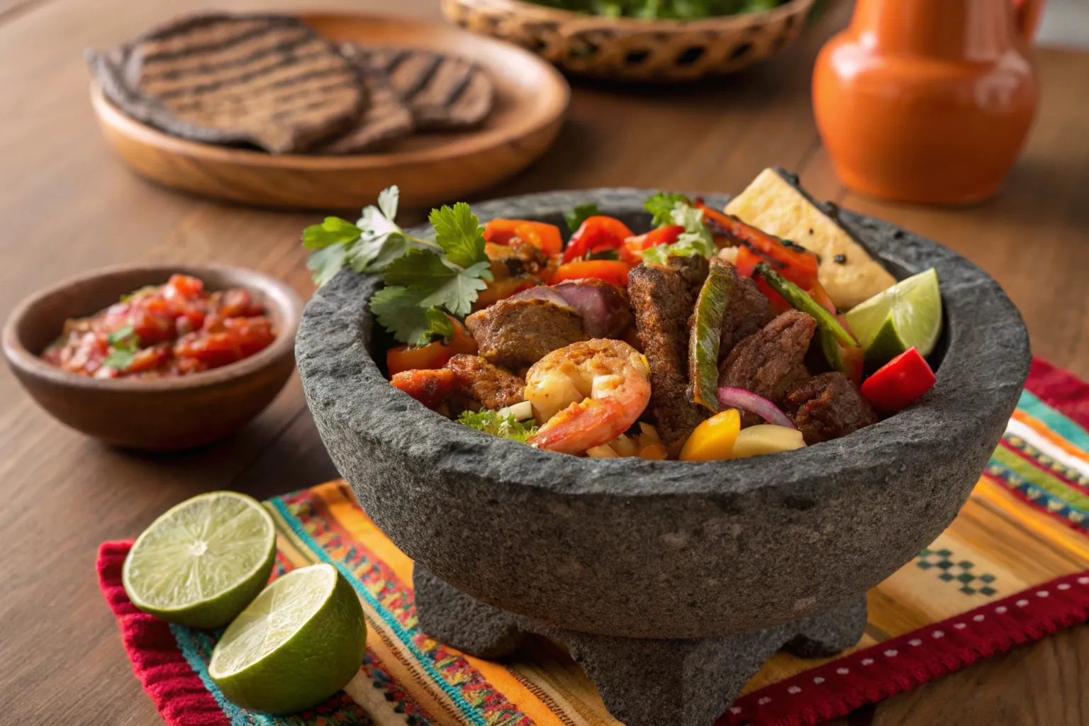 Molcajete recipe ingredients arranged around a volcanic stone mortar