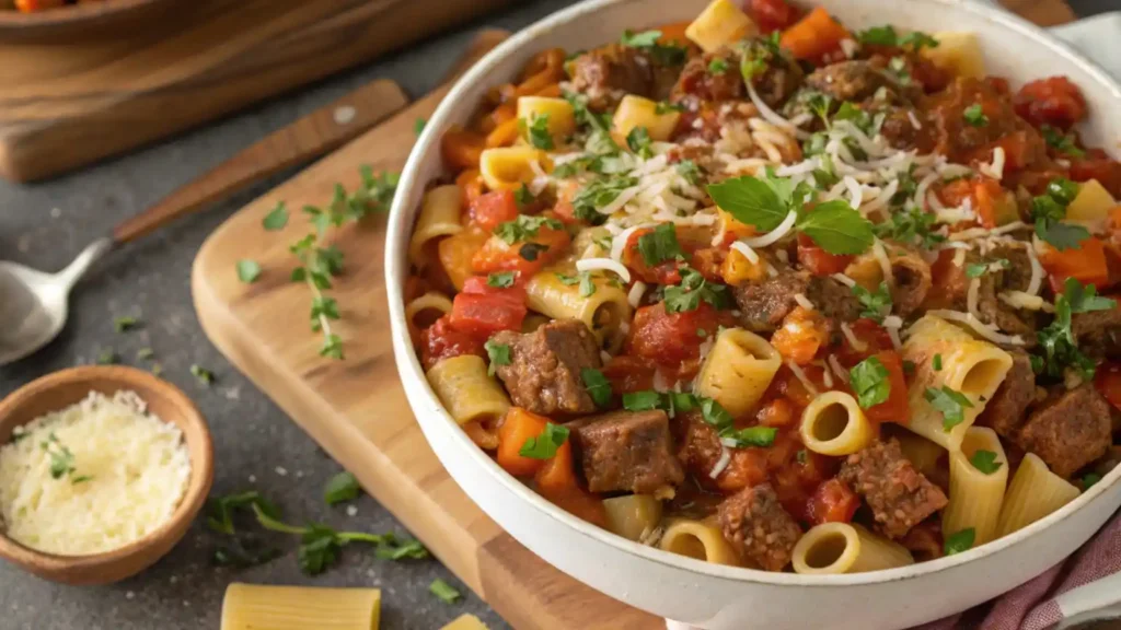 Ditalini pasta recipe plated in a white bowl.