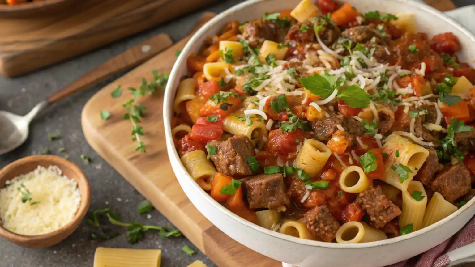 Ditalini pasta recipe plated in a white bowl.