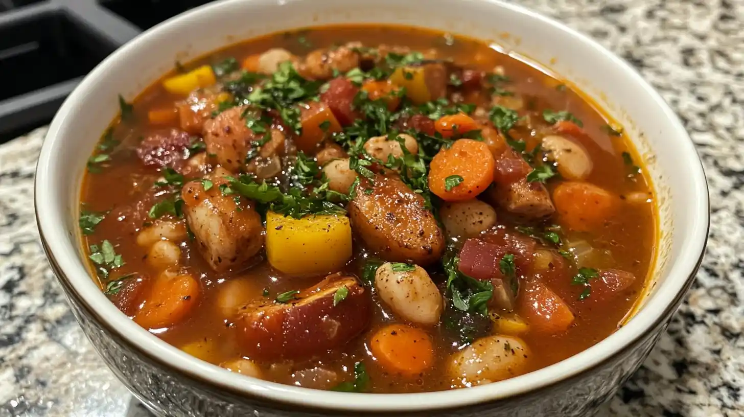 Swamp soup recipe in a bowl with fresh greens.