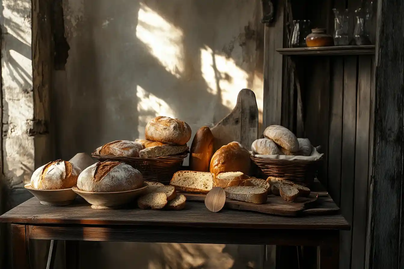 Various types of hard bread, including baguette, sourdough, and ciabatta.