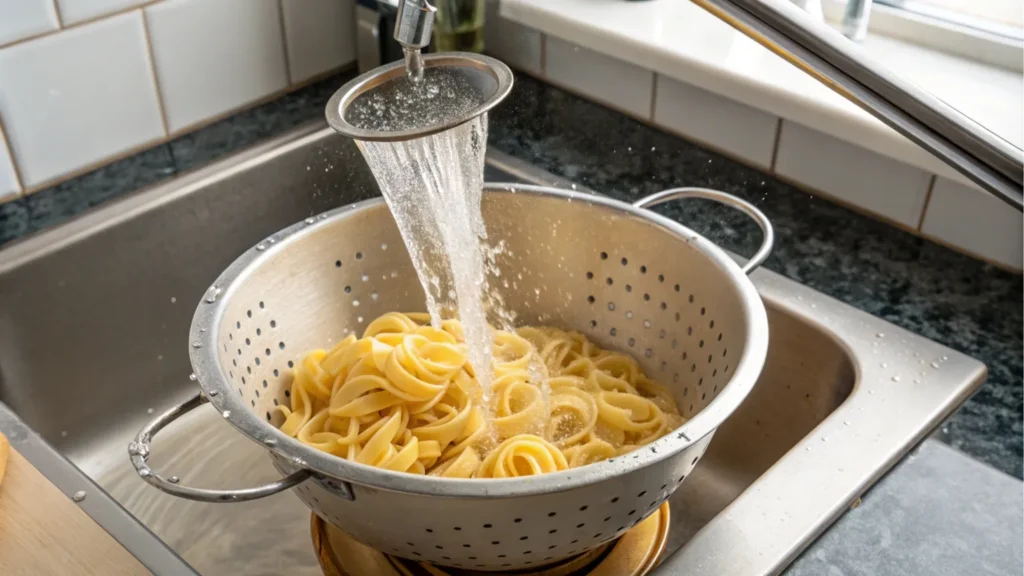 Should you rinse pasta with cold water after cooking? Drained pasta in a colander.