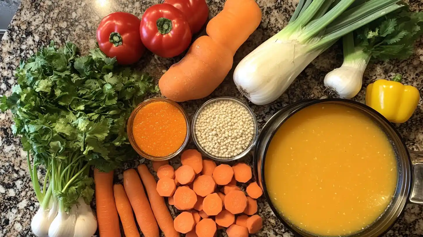 A variety of fresh vegetables simmering in a pot of soup.