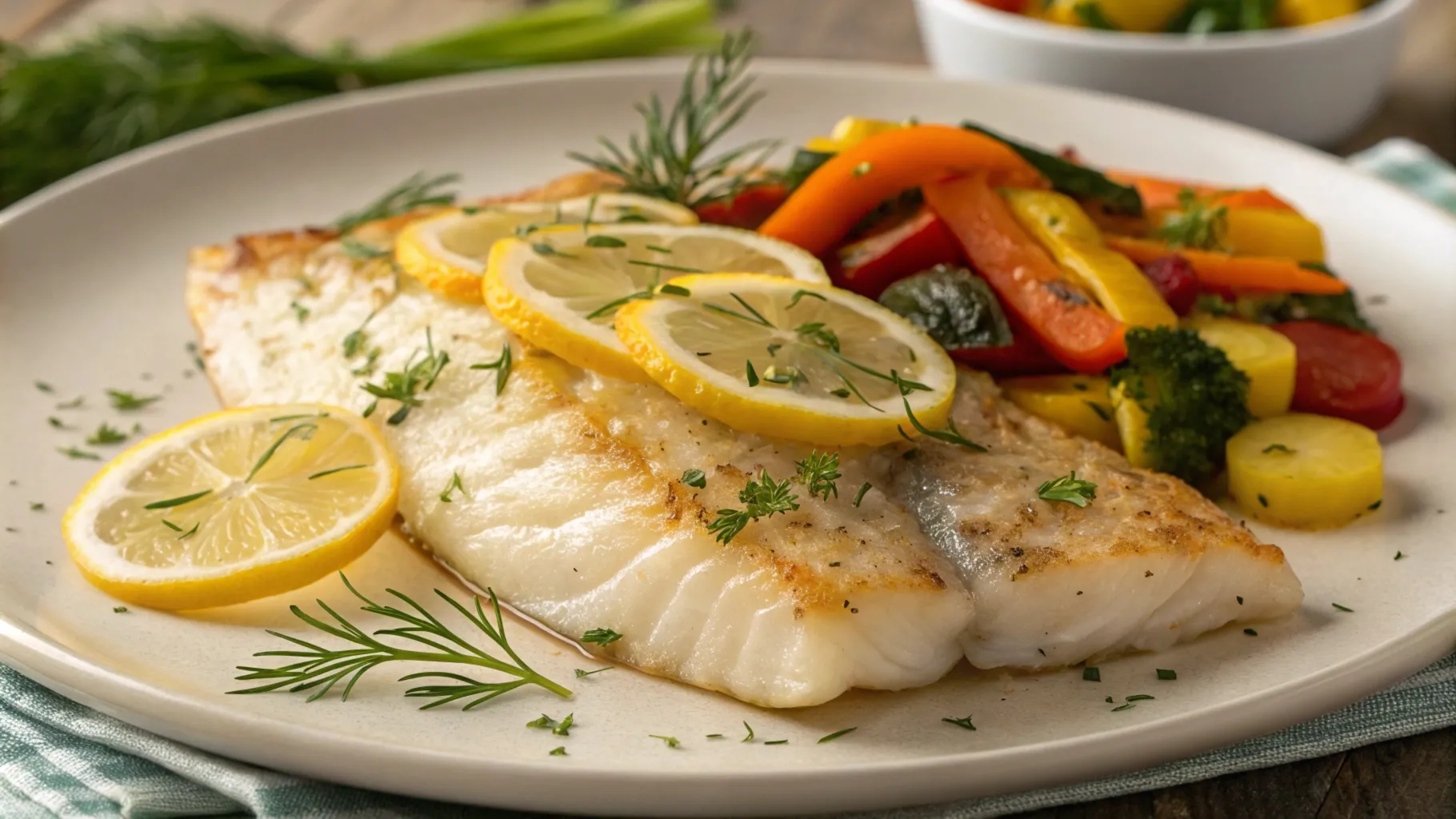 Freshly cooked rockfish fillet with lemon and herbs