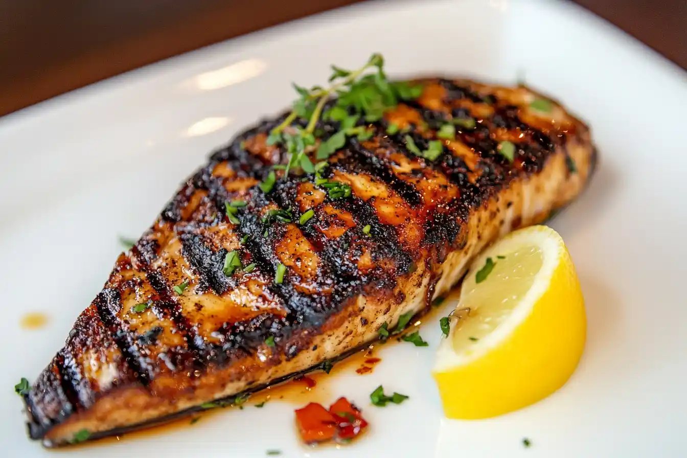 Freshly grilled wahoo fillet on a plate.